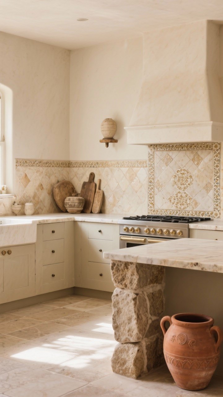 Wide room shot: Warm beige kitchen showcasing collected stone and tile—honed Taj Mahal quartzite countertops, a backsplash of handmade cream Zellige tiles with variation, and limestone-look porcelain floors; include a tumbled limestone accent piece and terracotta pot for European charm; soft afternoon light grazing the honed surfaces; three-quarter corner angle to show counters, backsplash, and floor together.