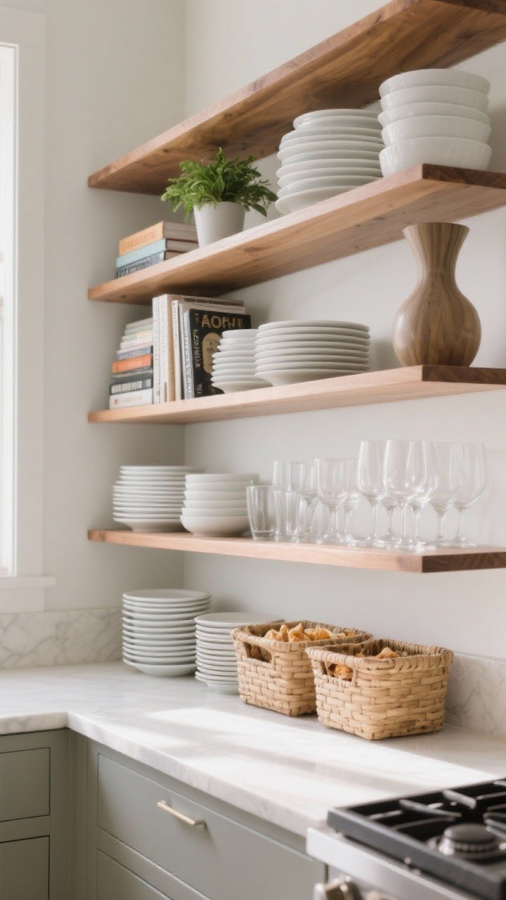 Wide shelf styling shot, straight-on: open kitchen shelves curated with a tight palette—stacks of white dishes, clear glassware, warm wood accents—leaving intentional negative space between groupings; varied heights with a few cookbooks, a small green plant, and a sculptural pitcher for rhythm; discrete bins or baskets containing snacks; natural daylight for calm, photorealistic simplicity and order