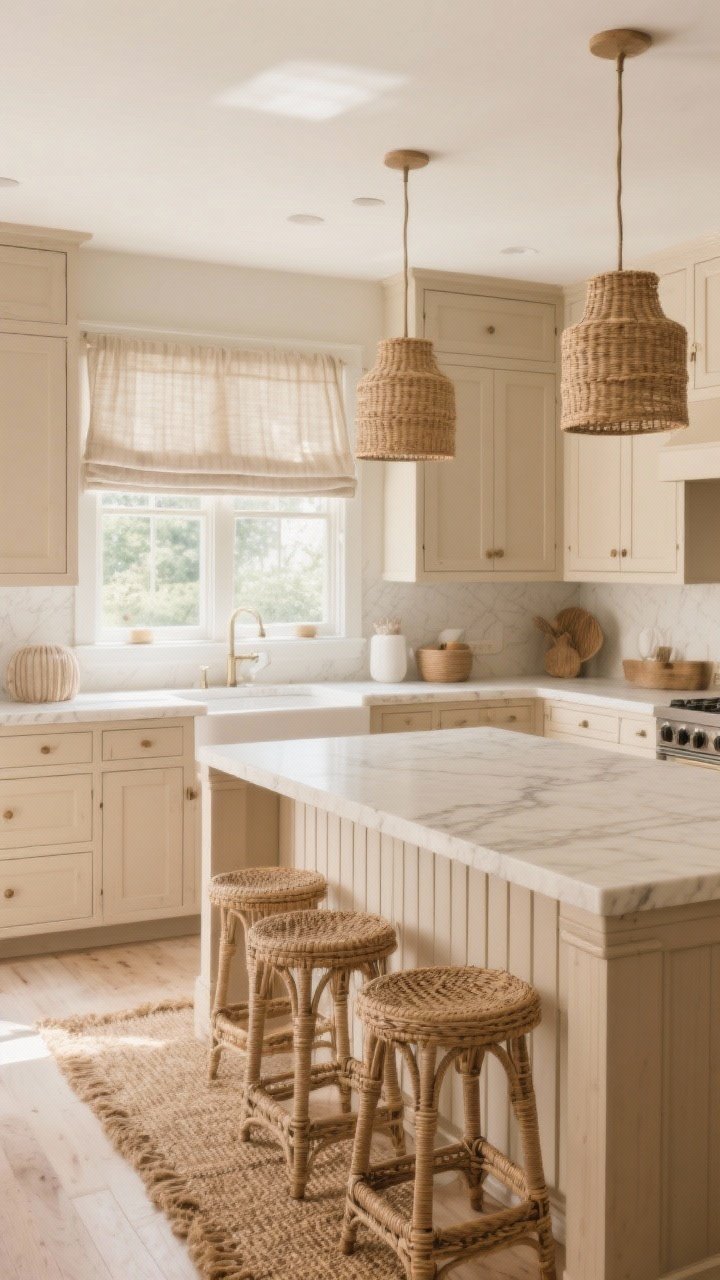 Wide shot: A beige kitchen showcasing layered textures—matte warm-beige shaker cabinets, honed creamy stone countertops with subtle veining, woven cane bar stools at a light oak island with ribbed/fluted paneling, rattan drum pendants overhead, soft natural linen Roman shades at the window, and a seagrass runner; soft morning light emphasizes the mix of matte, woven, linen, and ribbed textures; no people, photorealistic.