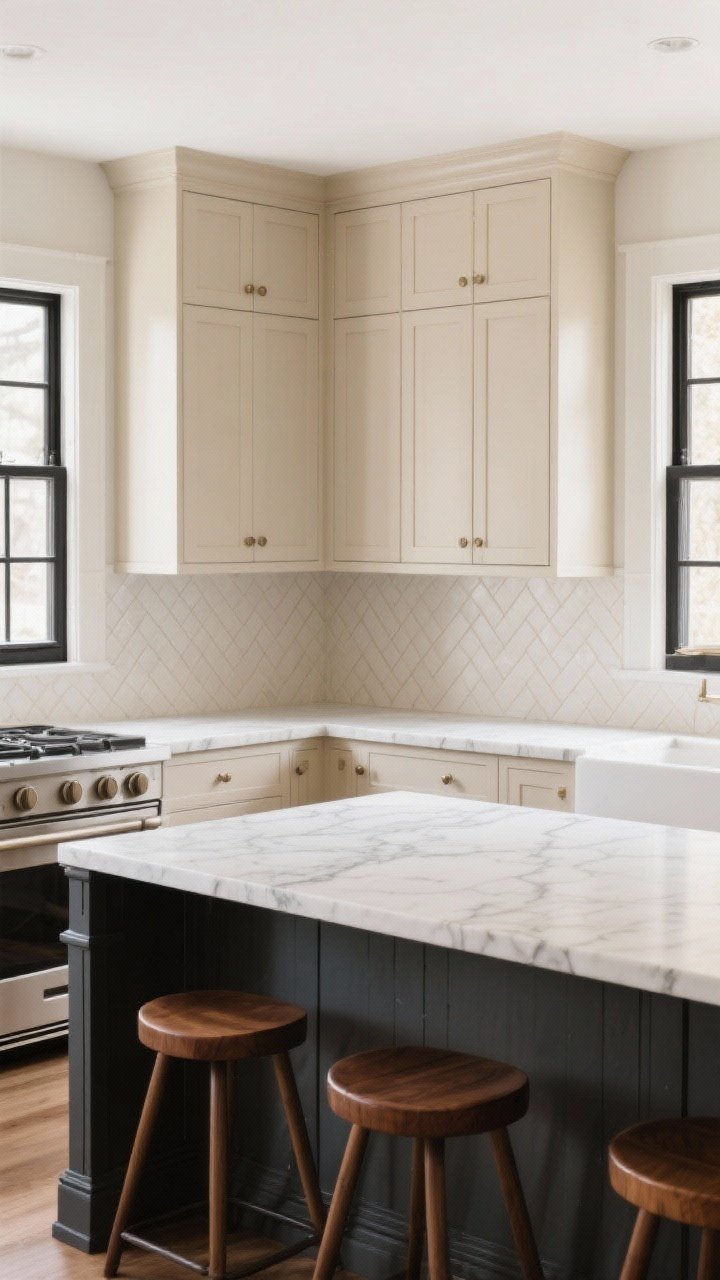 Wide shot: A beige kitchen transformed with contrast—beige shaker cabinets paired with a crisp white veined stone countertop, a charcoal-painted island base, walnut counter stools, and slim black window frames. Add a subtle herringbone tile backsplash in creamy tones. Natural daylight with soft shadows; calm, curated mood with warm woods, soft grays, and creamy whites.