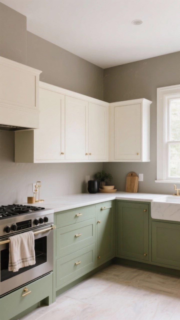 Wide shot: A calm kitchen painted in soft neutrals with muted sage-green lower cabinets, warm gray walls, and creamy white upper cabinets; ceiling painted 1–2 shades lighter than the walls to feel taller; greige and cream textiles subtly present; accents of matte black and soft brass in small details; daylight gently filling the space; overall serene, understated palette that doesn’t draw attention.