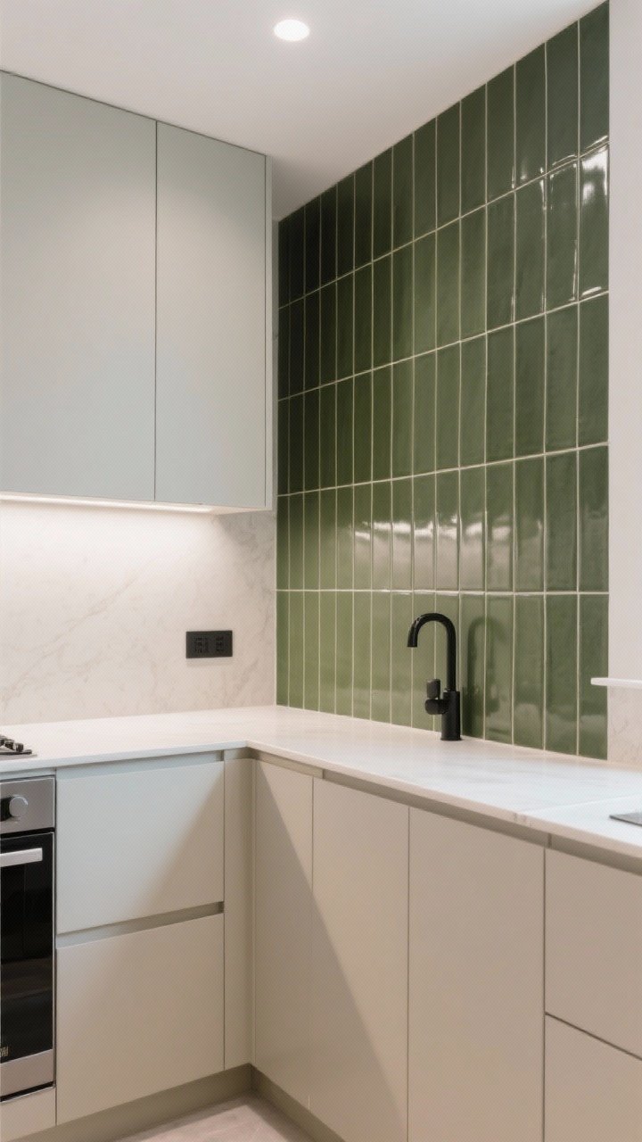 Wide shot: A clean-lined kitchen featuring vertically stacked elongated tiles (3x12) in deep olive with tone-matched grout, finished with crisp metal schluter edges; slim finger tiles featured on a small return wall for rhythm; flat-front putty-colored cabinetry and black fixtures. Even, bright lighting to emphasize tall lines and order; photorealistic, corner angle to show height.