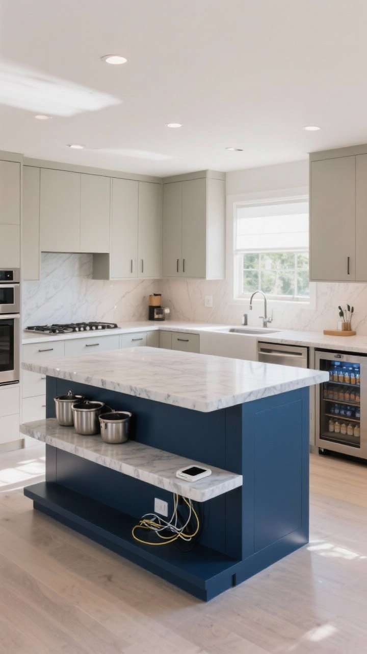 Wide shot: A contemporary kitchen centered on a bold showpiece island with a two-tier counter—lower quartz prep surface and a raised bar that hides cooking mess—featuring waterfall edges and painted in deep navy contrasting with light perimeter cabinets; integrated deep drawers for pots, a pull-out trash center, and a discreet charging drawer ajar with cables; include a small prep sink and an under-counter beverage fridge door slightly open; natural daylight with soft ceiling lighting, no people.