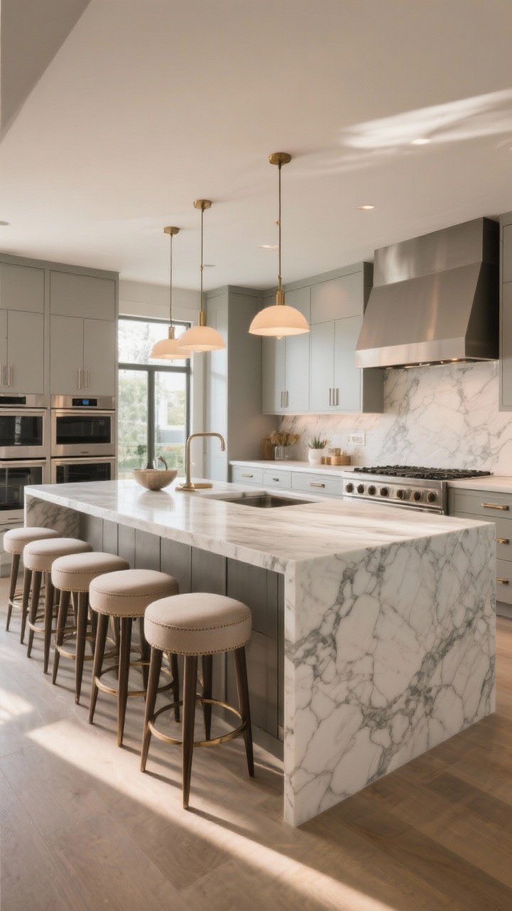 Wide shot: A grand kitchen centered on a statement island with a waterfall-edge marble or quartz countertop, 12–15 inch stool overhang with upholstered counter stools, integrated hidden storage panels and drawer fronts, two-tiered surface subtly dividing prep and hangout zones; pendant lighting above, warm natural daylight, sleek contemporary cabinetry, no people, photorealistic.