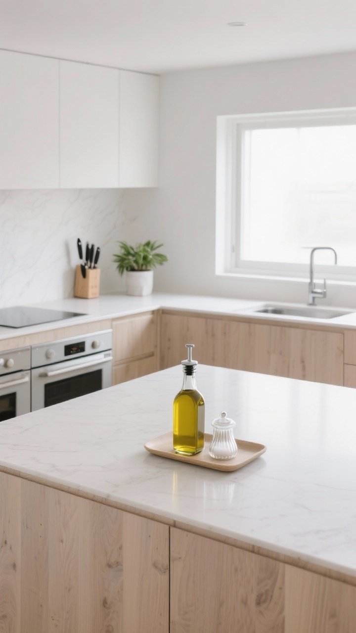 Wide shot: A minimalist kitchen with clear, uninterrupted white quartz countertops and light wood lower cabinets, all appliances removed except a single streamlined knife block and a small potted plant; a petite tray holds decanted olive oil and a salt cellar in matching glass. Surfaces are spotless, with a “two-item max” per counter zone. Soft natural daylight from a window washes over the counters, emphasizing negative space and calm, high-end simplicity.