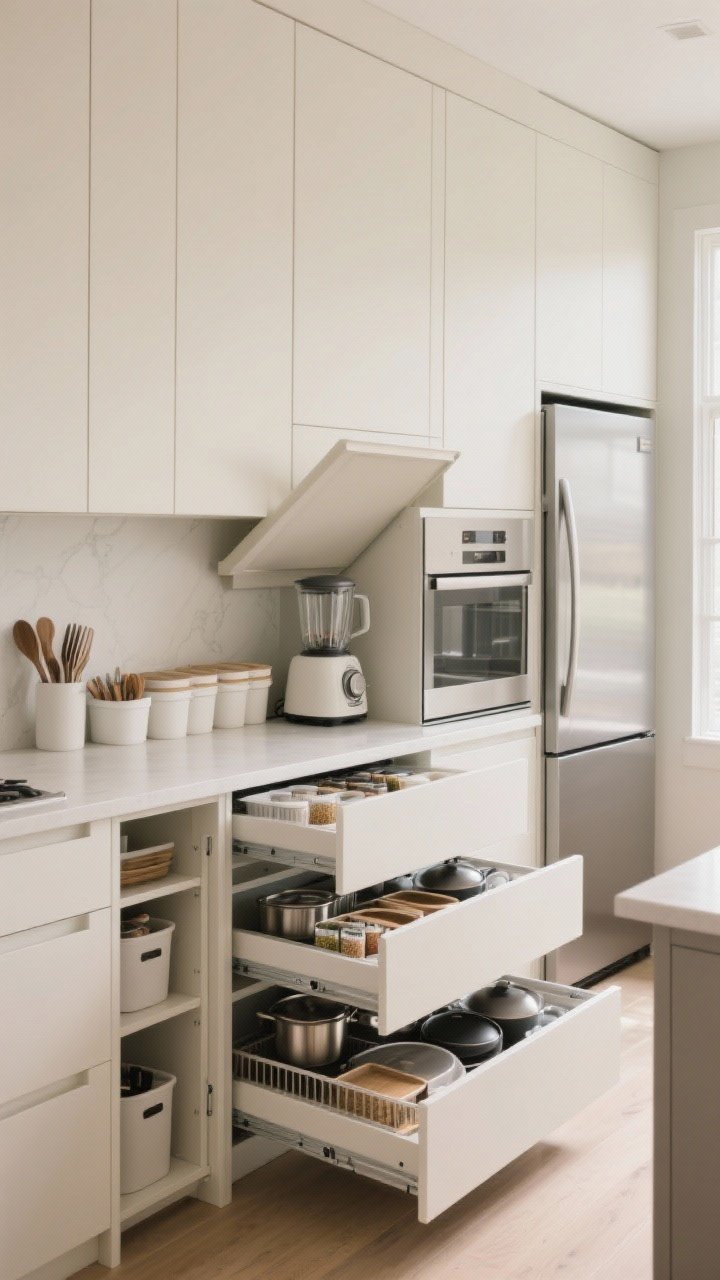 Wide shot: A minimalist kitchen with full-height, full-overlay pantry cabinets in warm white, deep drawer bases with sleek fronts, and an appliance garage door lifted to reveal a hidden toaster and blender; open deep drawers show tidy drawer inserts for utensils, spices, and lids, plus pull-out trays holding pots and pans; include matching lidded bins inside a lower cabinet and a slim rolling pantry tucked beside the fridge; clean lines, clutter-free countertops, soft natural daylight, matte finishes, and a calm, organized mood.