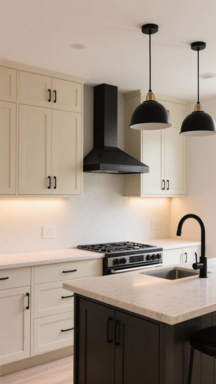 Wide shot: A modern kitchen with creamy beige shaker cabinets, matte black hardware on doors and drawers, a sleek matte black range hood, and a matte black pull-down faucet over a light beige quartz countertop; neutral walls, subtle warm under-cabinet lighting, and two minimalist matte black pendants over a small island; black occupies only 15% of the space for chic contrast; photorealistic, straight-on view, soft morning light