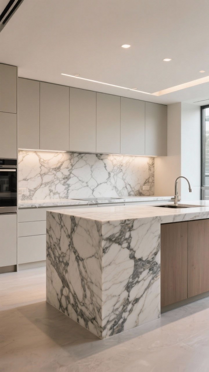 Wide shot: A sleek modern kitchen featuring a dramatic veiny marble slab countertop and full-height matching marble backsplash, pencil-edge detailing on the counters, mitered edges on the island, and honed finishes to reduce glare and hide etching; minimal cabinetry in neutral tones keeps the focus on the statement stone, warm 3000K recessed lighting and natural daylight emphasize the marble’s veining; no clutter, clean lines, photorealistic.