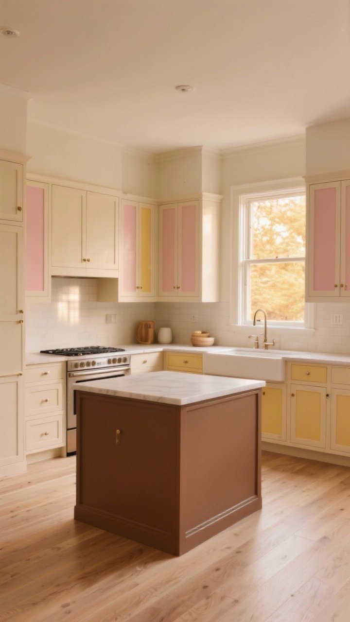 Wide shot: A warm, layered beige kitchen with creamy beige shaker cabinets (with subtle yellow-pink undertone), lighter chalky beige walls, and a café-au-lait toned island for gentle contrast; natural daylight from a window washes across the room at golden hour to emphasize cozy-not-dingy vibes; soft matte finishes, pale oak flooring, and minimal decor to let the layered warm beiges read clearly.