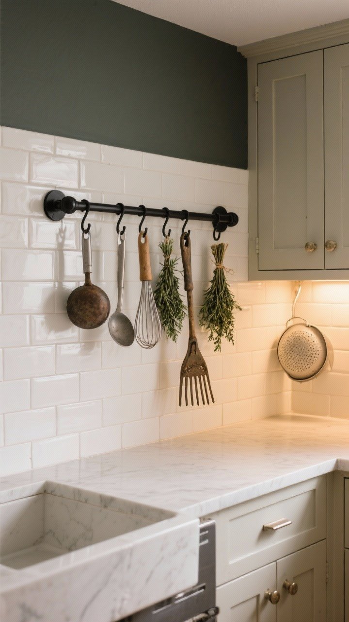 Wide shot, backsplash wall: A mounted matte black curtain rod acting as a pot rack, S-hooks holding ladles, whisks, and peelers; a vintage garden rake head on a side wall with light pans and a strainer; small bundles of drying rosemary and thyme for functional flair; balanced spacing, no overload; warm task lighting under cabinets, subway tile backdrop, charming yet orderly.
