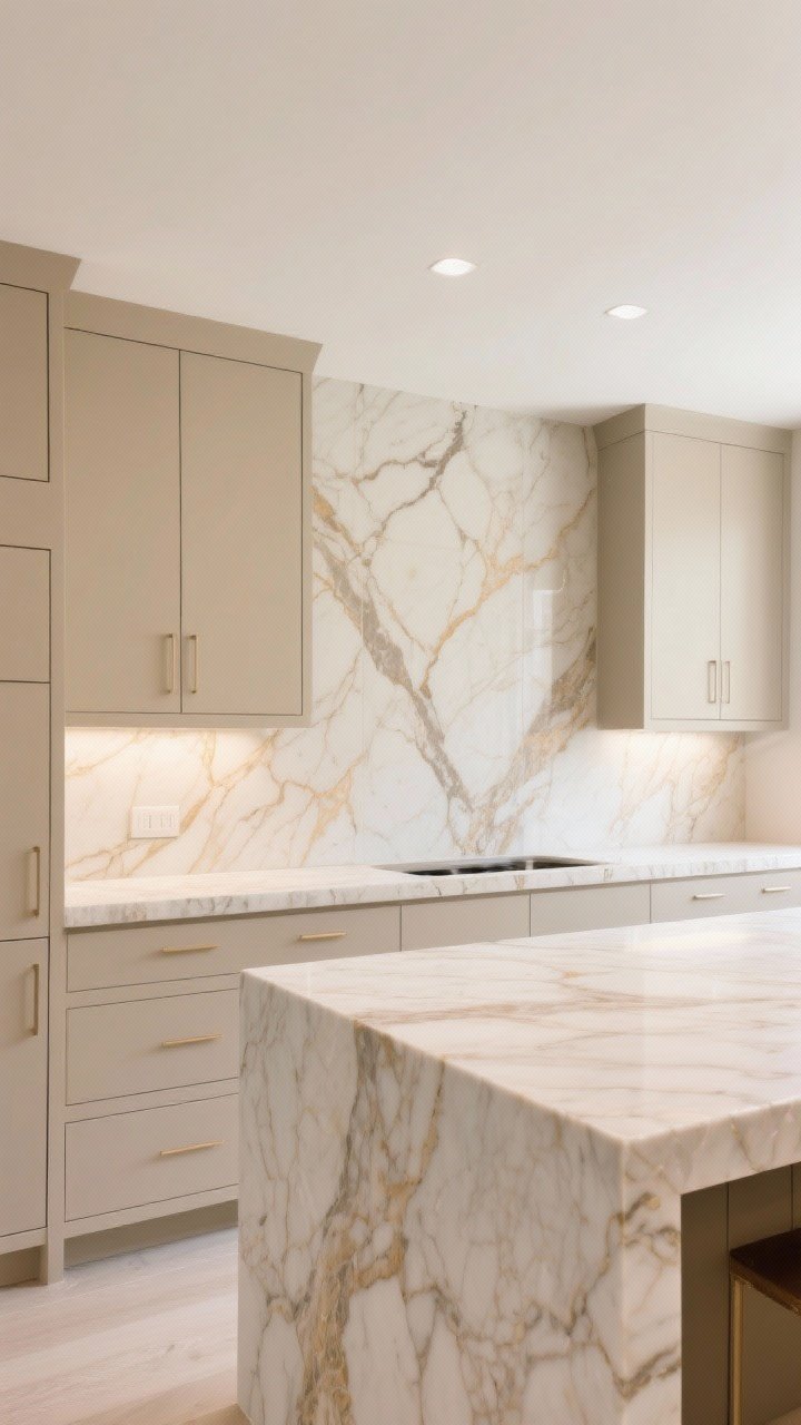 Wide shot: Beige cabinets paired with a veiny creamy quartzite countertop and a dramatic bookmatched full-slab backsplash continuing up the wall with no tile breaks; chunky thick edge profile on the countertop; soft veining in beige, taupe, and honey tones that echo the cabinetry; bright, even daylight to emphasize the stone’s pattern and a calm, expensive look.