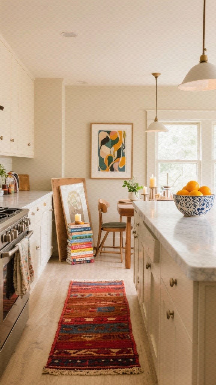 Wide shot: Beige kitchen with personality via art and rugs—an oversized framed art piece leaning on the counter near a breakfast nook, a vintage-look runner with reds, rusts, and blues anchoring the galley, a small stack of pretty cookbooks topped with a candle and tiny plant. A ceramic statement bowl of bright citrus on the island for a color pop. Lighting is warm and even, creating a calm, intentional atmosphere.