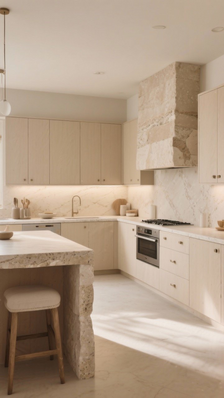Wide shot: Concluding beige kitchen scene synthesizing the theme—layered textures, thoughtful contrast, and warm neutral palette; calm beige cabinetry, subtle stone surfaces, restrained hardware, and quietly styled counters; soft balanced lighting that flatters undertones; overall mood warm, layered, and chic, proving neutral isn’t boring; no people, photorealistic.