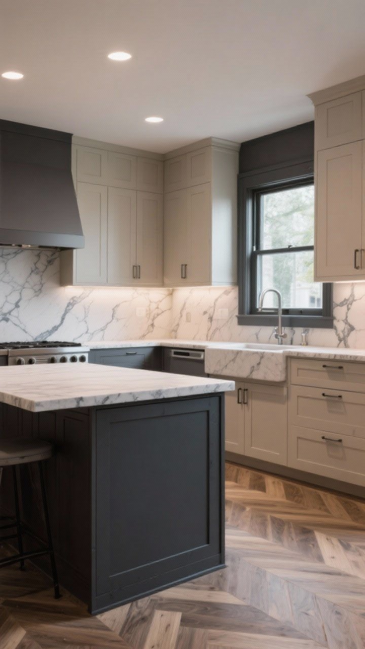 Wide shot: Contemporary kitchen mixing beige and charcoal gray—beige perimeter cabinets and a charcoal gray island base with matching charcoal window trim; herringbone wood floors adding subtle movement; light stone countertops with slate-gray veining tying the palette together; moody yet welcoming ambiance with balanced, indirect lighting; corner angle to show island and windows