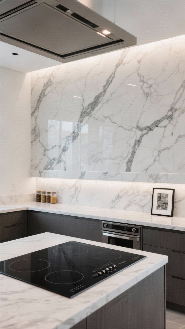 Wide shot: Continuous counter-to-ceiling porcelain slab backsplash with bold Calacatta-style veining, bookmatched from countertop up the wall for uninterrupted drama; a 2–3 inch porcelain ledge integrated for spices and small art; honed finish to reduce glare, matte black induction cooktop below. Clean, concealed lighting and minimal hardware for a seamless look; photorealistic, straight-on hero shot.