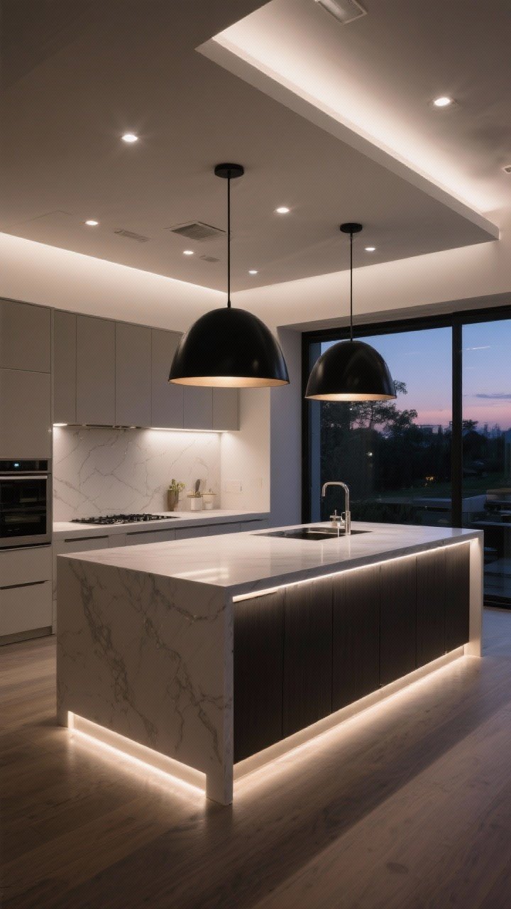 Wide shot emphasizing layered lighting: LED under-cabinet strips casting crisp 4000K task light on counters, dimmable recessed ceiling lights providing even ambient glow, and two oversized matte black pendants over the island as the sculptural statement. Toe-kick lighting along base cabinets creating a low, luxurious night glow. Scene set at dusk to showcase all layers simultaneously, straight-on perspective, photorealistic.