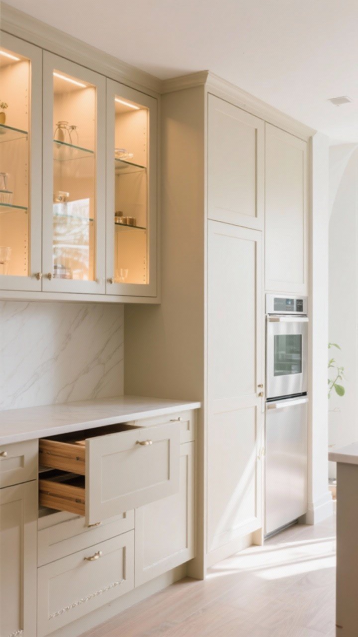 Wide shot from a corner perspective: Modern beige cabinetry featuring skinny shaker profiles and subtle bead detail, a run of glass-front uppers with warm interior lighting for a boutique display, and an asymmetrical pantry/tall appliance wall creating sleek vertical lines; interior glimpses of oak drawer inserts hinting at luxe organization; bright, even daylight.