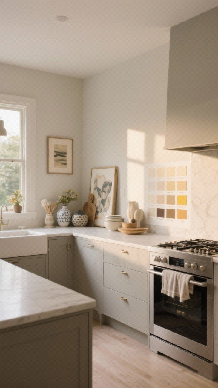 Wide shot: Future-proof beige kitchen with calm, cohesive tones; undertones tuned for balance—muted greige on sunlit (south-facing) walls to avoid yellowing, layered accessories (art, ceramics, linens) changing the mood without renovation; large test swatches visible on a side wall, illuminated in morning/evening light.