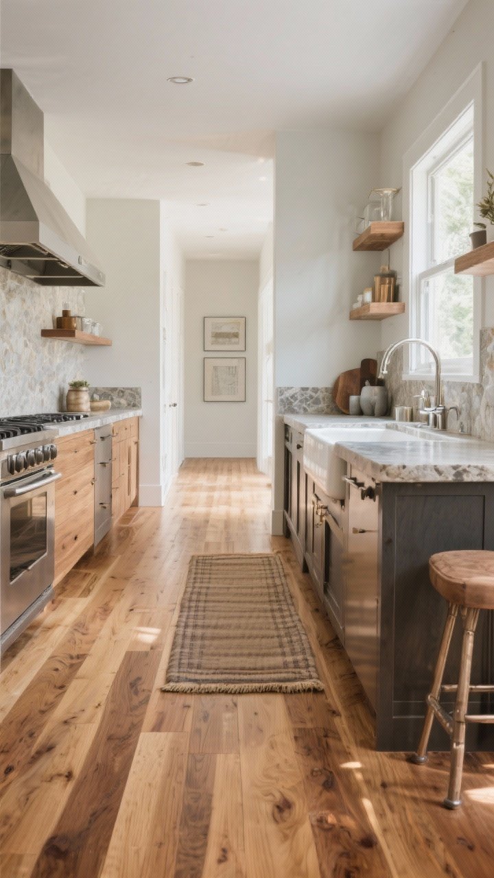 Wide shot: Kitchen flooring focus—medium-tone engineered hardwood planks run parallel to the longest wall to visually elongate the space; warm wood balances cool stone counters and mixed metal accents; a cushioned runner placed in front of the sink; bright daytime lighting; photorealistic.