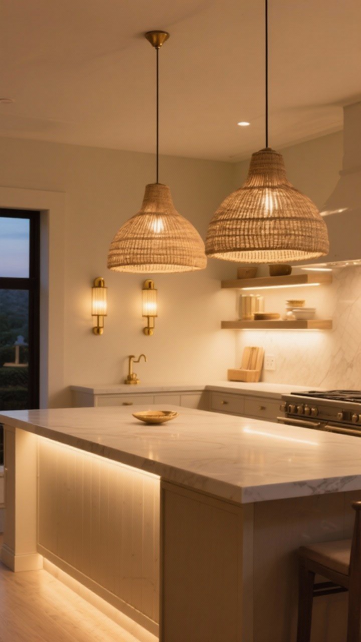 Wide shot: Layered lighting in a beige kitchen—pair of fabric or rattan statement pendants over the island, brass sconces near shelving, continuous under-cabinet lighting, and soft toe-kick lighting along the base; warm 2700K–3000K bulbs make the beige glow golden; evening scene to showcase dimension and softness.