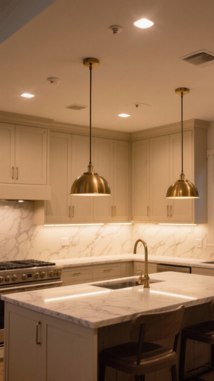 Wide shot: Layered lighting in a beige kitchen—recessed ceiling lights on dimmers for ambient glow, warm 2700–3000K under-cabinet LED strips illuminating veined countertops, and two brushed brass pendants over the island as accent. Beige cabinets read warm, not washed out. Evening scene with balanced, flattering light; no harsh glare.
