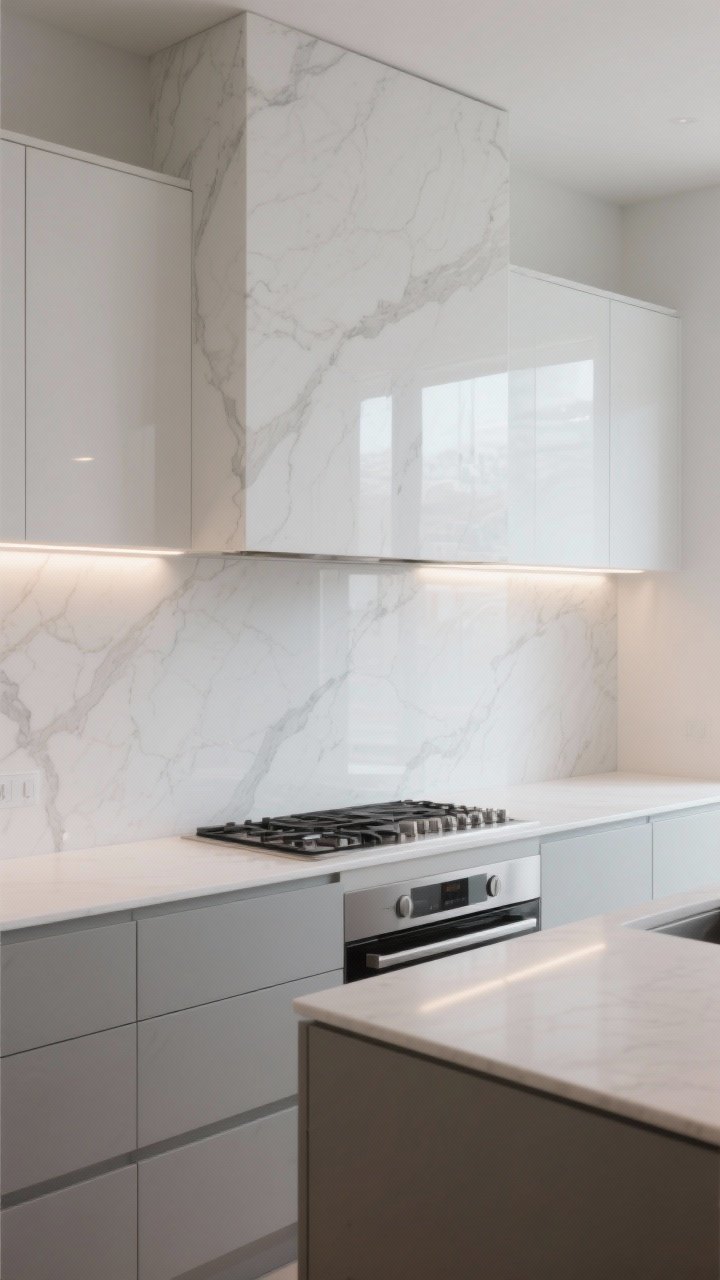 Wide shot: Minimal modern kitchen featuring an oversized porcelain slab backsplash in soft white marble-look with pale greige veining, extended full height to the ceiling behind the range; satin-to-gloss finish reflecting ambient and task light; integrated LED strips under upper cabinets highlighting the slab’s smooth surface; sleek counters, few seams, corner perspective, photorealistic.
