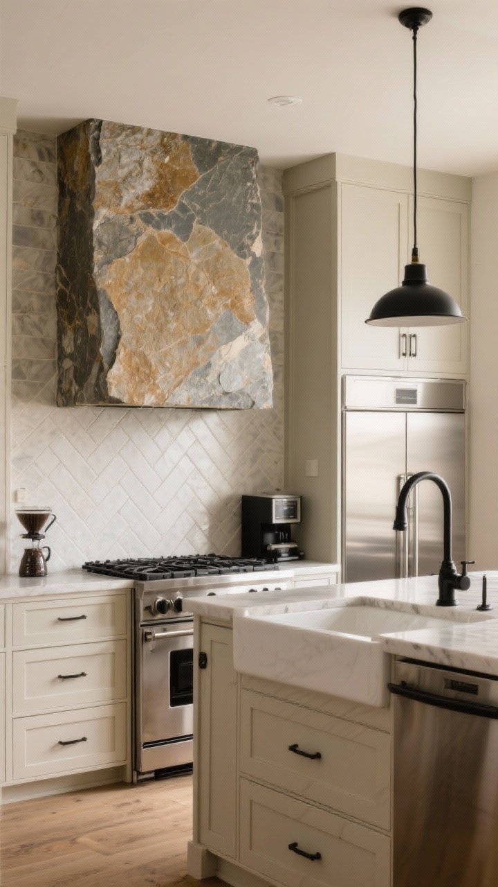 Wide shot: Mixed-material backsplash zones—a dramatic stone slab behind the range, painted beadboard near a coffee station, and a brushed stainless panel behind the sink for easy cleanup; cohesive palette in warm neutrals with repeated black metal finishes in hardware and lighting, clean trim pieces at material transitions for a curated, functional look.