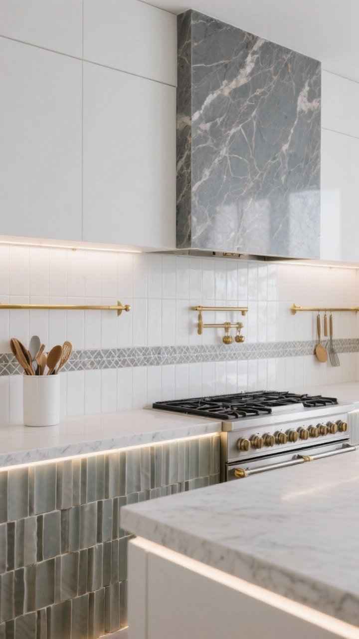 Wide shot: Mixed-material bands creating a custom layered backsplash: lower band of stacked vertical Zellige (chalk white) above the counter, a slim brass rail at mid-height for utensils, and a dramatic porcelain stone-look panel behind the range; repeat the porcelain on the countertop for continuity; color palette tight in whites, brass, and stone gray. Under-cabinet LED strips highlight each layer; photorealistic, straight-on composition.