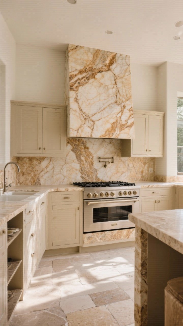 Wide shot of a beige kitchen featuring an earthy stone backsplash as the focal point: full slab Taj Mahal quartzite with warm veining behind the range, beige cabinetry, and matching stone countertop; alternative area shows matte travertine tiles laid cleanly; natural daylight washing across to reveal movement; straight-on composition.