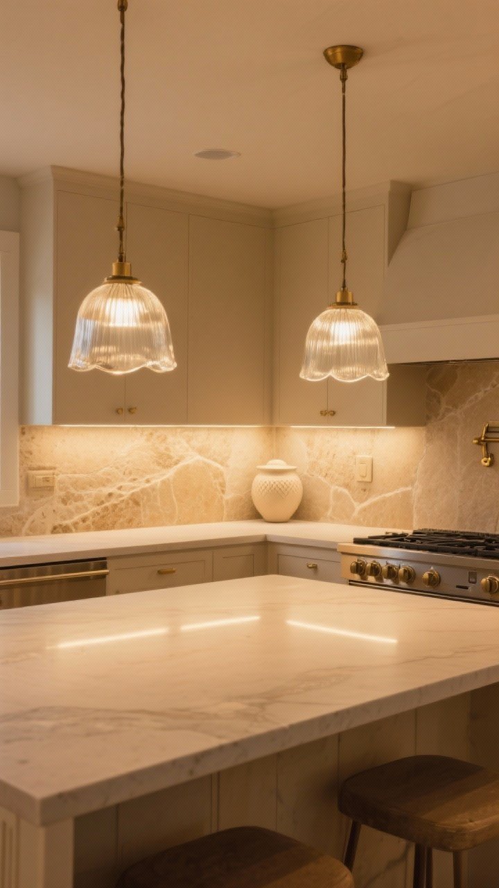 Wide shot of a beige kitchen lit like a designer: warm 2700–3000K LEDs, a pair of statement pendants in frosted glass over the island, dimmable under-cabinet lighting creating a soft glow on warm stone, and a ceramic plaster sconce near the range; layered, golden illumination without harsh shadows; overhead vantage slightly off-center