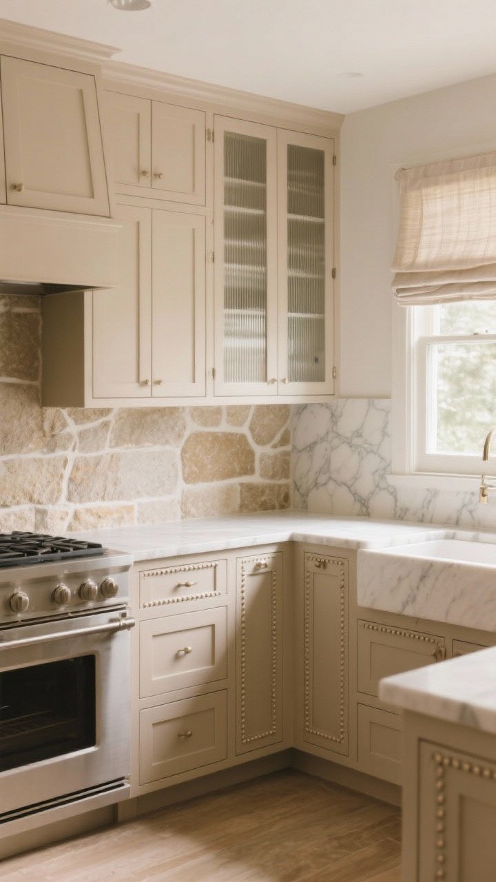 Wide shot of a beige kitchen showcasing layered textures: matte beige cabinets with beaded inset doors, veined off-white quartz countertops, a tumbled limestone backsplash, ribbed glass fronts on upper cabinets, linen Roman shades at a window, and a mix of matte, satin, and low-sheen finishes; soft warm daylight filters in, emphasizing depth and avoiding high gloss sheen; no people.
