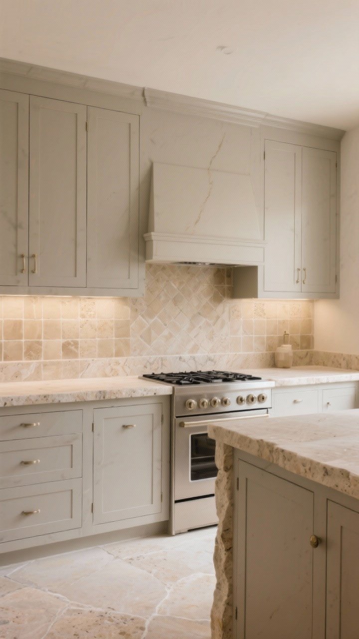 Wide shot of a beige kitchen with tonal stone and tile: greige-beige cabinets paired with honed limestone counters and a travertine backsplash; zellige tiles in sand/mushroom tones extend behind the range; grout matched to tile for seamlessness; warm, even lighting enhances the quiet luxury; include subtle veining in Crema Marfil-style accents and a continuous stone ledge; slightly elevated perspective to show continuity.