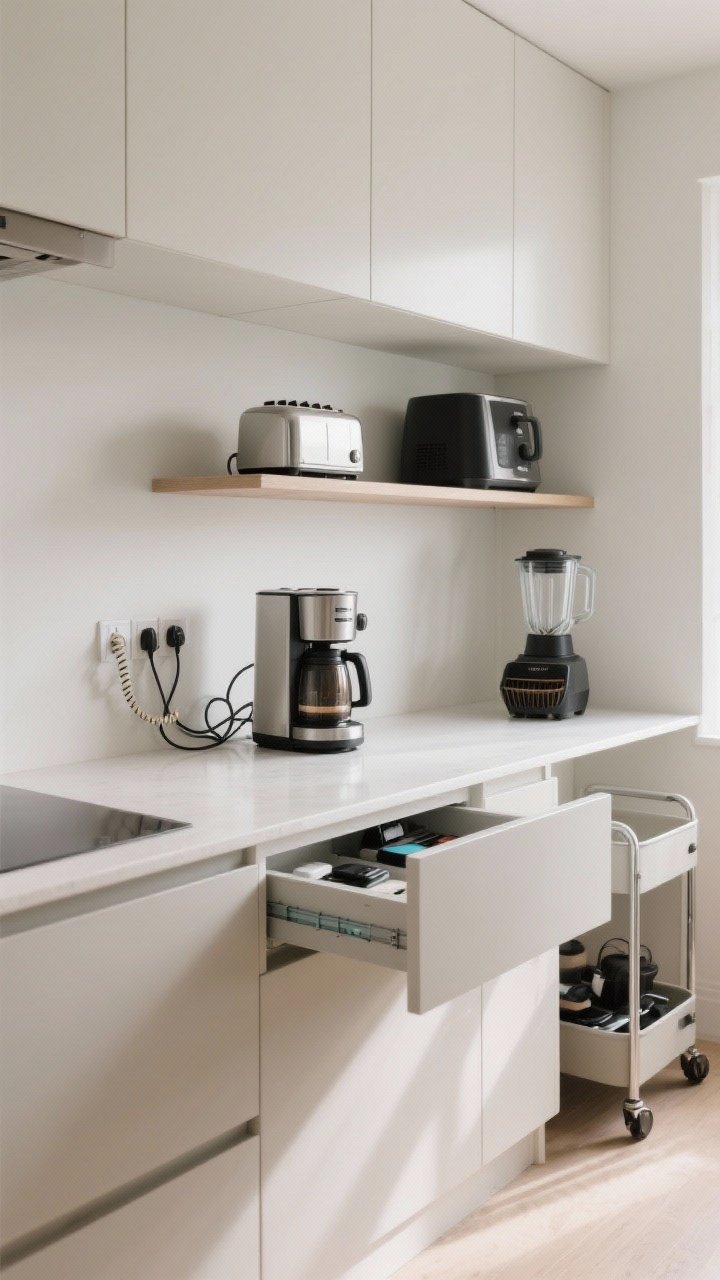Wide shot of a clean countertop and adjacent open shelving illustrating small appliance strategy: daily-use coffee maker and toaster on the counter with cord winders and adhesive clips keeping cables tidy; weekly-use blender and air fryer on an easy-access open shelf; occasional-use appliances on a higher cabinet shelf; a slim rolling cart to the side acts as an appliance garage; a shallow drawer half-open reveals a charging strip with rechargeable gadgets; bright, even daylight for a serene, functional vibe; shot from a corner perspective.