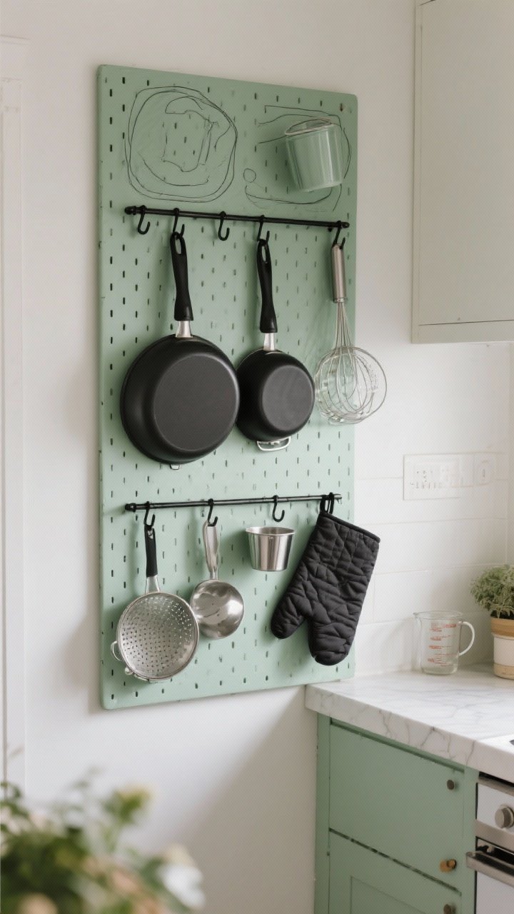 Wide shot of a compact kitchen wall featuring a painted pegboard as a focal point: matte sage-green pegboard with coordinated black metal hooks; pans, strainers, measuring cups, and oven mitts arranged by frequency—daily-use at eye level, specialty tools higher; subtle pencil outlines around each item hinting at a “put-it-back-here” system; under-$50 scale, soft indirect daylight, curated yet functional aesthetic.
