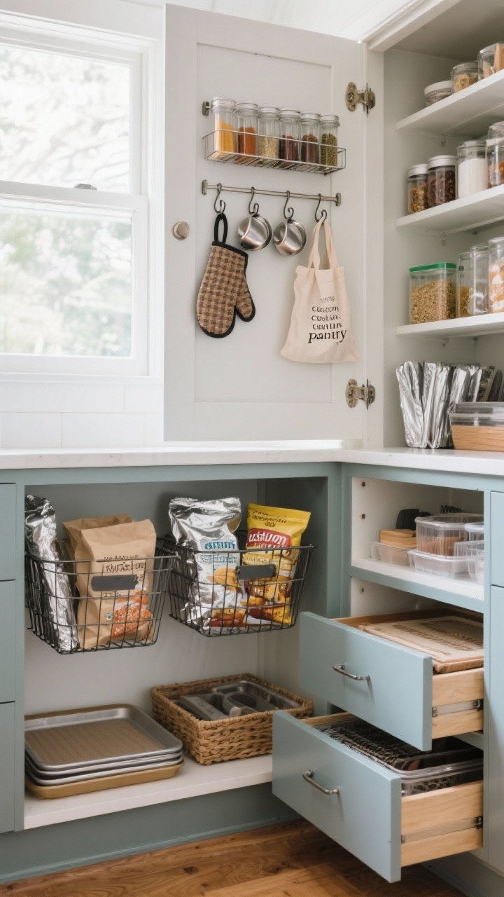 Wide shot of a compact pantry making use of dead space: under-shelf baskets holding foil, parchment, and snack bags; adhesive hooks inside a cabinet door hanging measuring cups, oven mitt, and bag clips; an over-the-door rack stores spices, tea, and backup foil; toe-kick drawers at floor level discreetly hold baking mats and trays; mixed textures of wire, acrylic, and painted wood; bright daylight streaming from a nearby window enhances the “custom pantry” feel; organized yet lived-in mood.