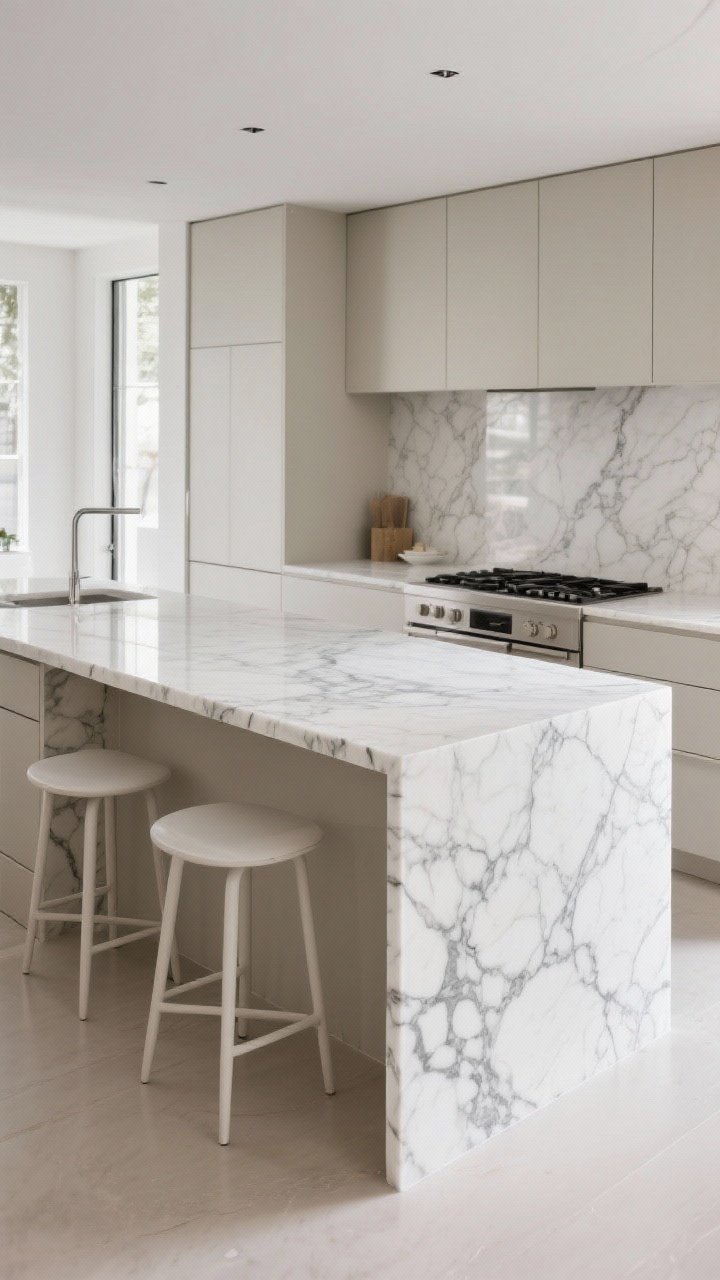Wide shot of a kitchen island with a waterfall edge in bookmatched white quartz featuring bold veining, showcasing the slab wrapping both sides. One end reveals a cost-conscious version with a single-side waterfall; a subtle cantilevered seating overhang with two minimalist stools for clean lines. Neutral base cabinets, integrated cooktop on the island. Balanced ambient daylight with gentle reflections on the stone, three-quarter angle, photorealistic.