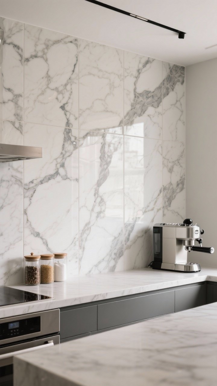 Wide shot of a kitchen wall in stone-look porcelain tiles with dramatic marble-style veining, large-format pieces minimize grout lines; matte/satin finish to hide smudges, grout lightly sealed, countertop tone matched for cohesive high-end look; nonporous porcelain surfaces around espresso machine and spice jars; bright neutral daylight, straight-on composition for luxurious drama without maintenance