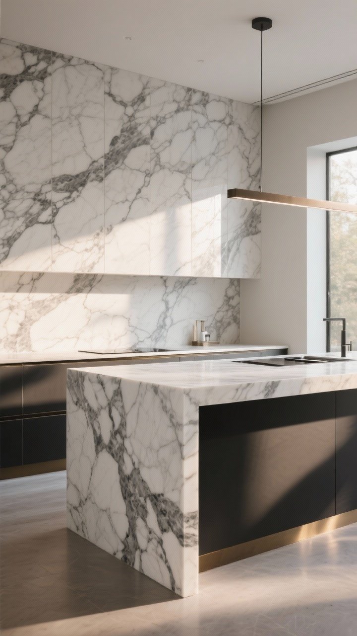 Wide shot of a modern Italian-influenced kitchen island clad in dramatic Calacatta marble with a waterfall edge, the same bookmatched slab running up as a full-height backsplash; slim 2 cm countertop profile, sealed natural stone with subtle patina and etching; warm morning light grazing the veining; minimal styling to spotlight the stone, shot from a corner angle to emphasize the continuous slab effect from island to splash wall.
