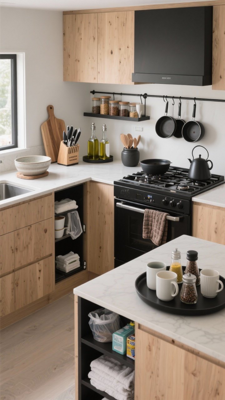 Wide shot of a modern kitchen divided into clear zones: a prep zone on a main counter with cutting boards, chef’s knives in a block, mixing bowls, olive oil, and salt/pepper corralled on a matte black tray; a cooking zone by the stove with pans on a rail, utensils in a crock, spices and oven mitts within arm’s reach; a dedicated coffee/tea station with mugs, kettle, filters, beans, and sweeteners grouped on a lazy Susan; and a cleaning zone under the sink door slightly ajar showing towels, soaps, trash bags, and dishwasher tabs. Cohesive neutral palette with warm wood, matte black accents, soft natural daylight, and tidy styling.