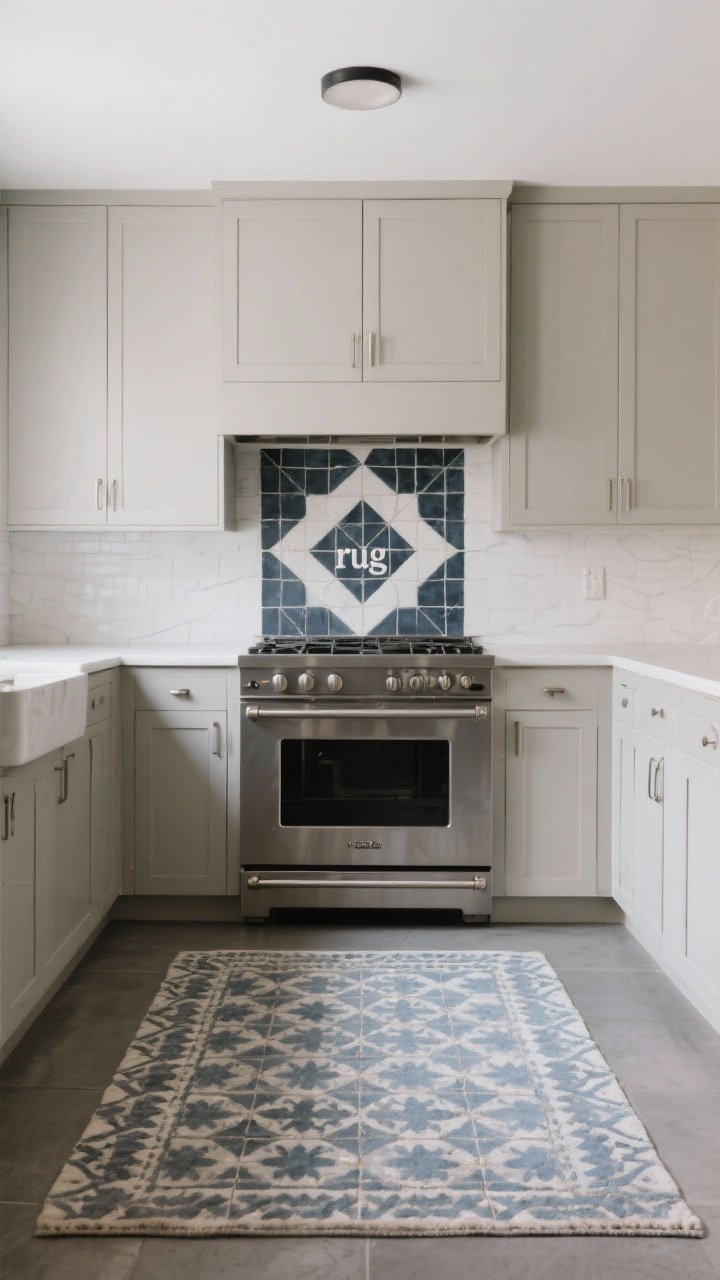 Wide shot of a neutral-cabinet kitchen with a bold patterned cement tile “rug” framed behind the range as a statement zone; tile palette limited to deep charcoal, soft white, and muted blue forming a graphic geometric pattern; the rest of the finishes calm and minimal; sealed matte surface on tiles; balanced composition with smooth countertops and simple hardware; lighting even and natural; perspective: centered, straight-on.