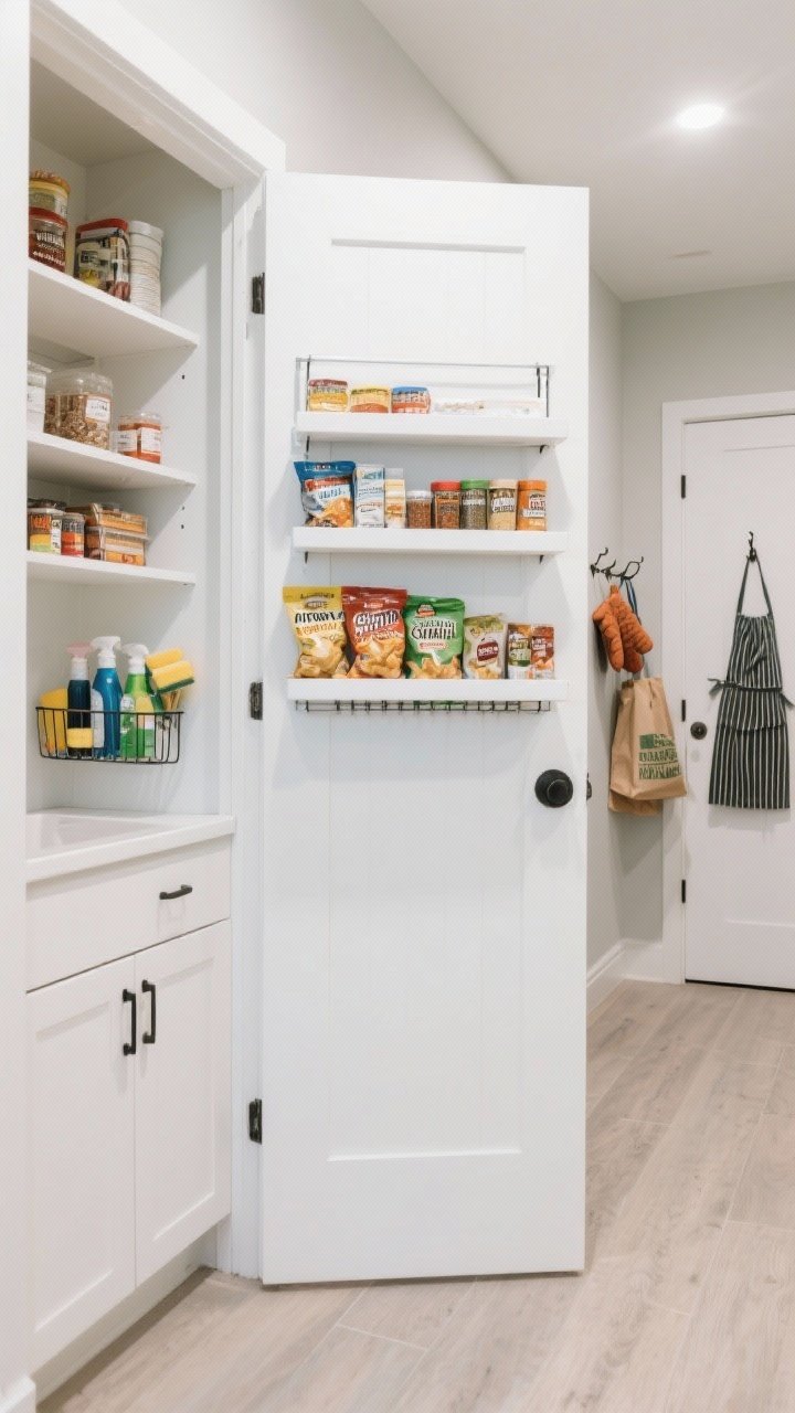 Wide shot of a pantry door outfitted with an over-the-door rack featuring adjustable shallow shelves so the door closes against interior shelving; categories visible: spices, snack pouches, wraps and foils; adjacent under-sink cabinet door shows a smaller rack with cleaning sprays and spare sponges; utility closet door in background with hooks for aprons, oven mitts, and neatly folded grocery bags; bright hallway light, clean white doors, matte finishes.