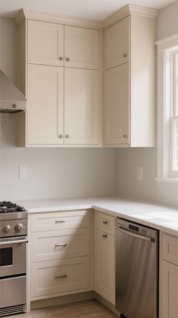 Wide shot of a serene beige kitchen with creamy beige upper cabinets in satin finish and slightly deeper taupe-beige lower cabinets in matte, paneled appliances matching cabinetry for a seamless look, soft daylight diffused across greige-leaning walls, subtle contrast between tones, simple substantial hardware, calm tailored atmosphere, straight-on perspective, no people