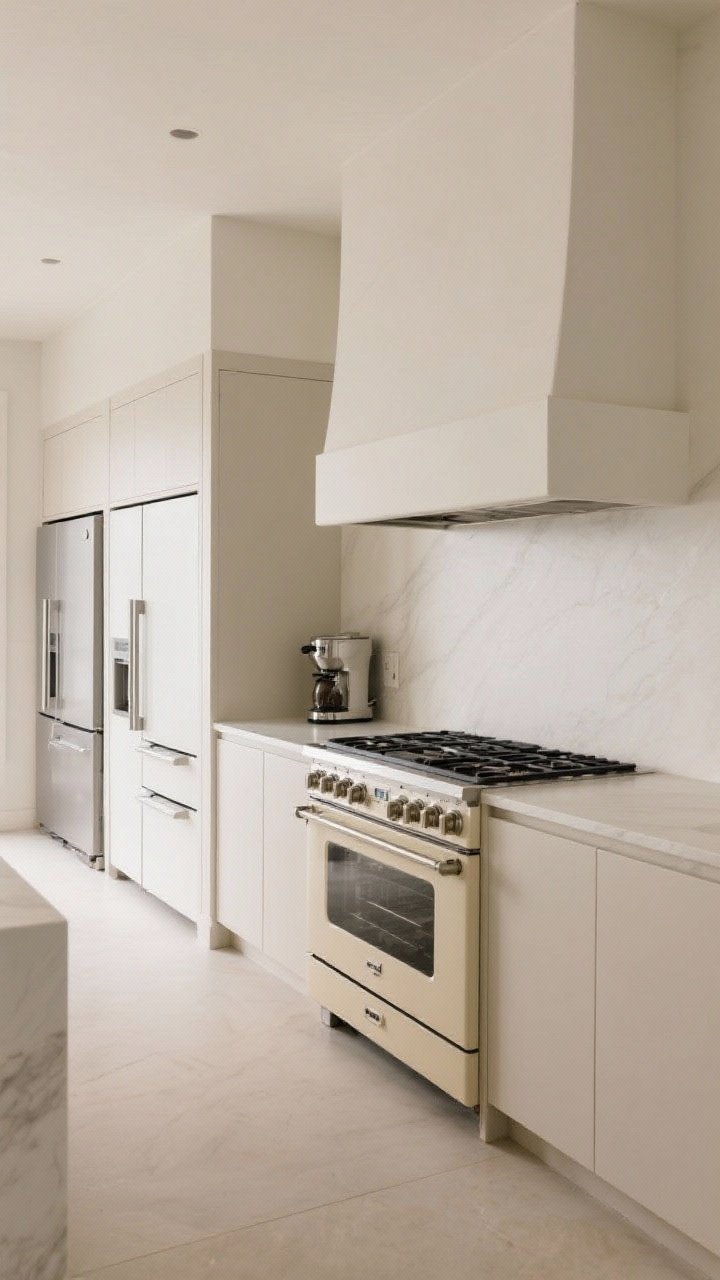Wide shot of a serene, integrated-appliance kitchen: panel-ready dishwasher and fridge blending seamlessly with cabinetry, a statement pro-style range in a soft cream finish as the star, induction cooktop for sleek lines, and an integrated hood hidden within a smooth plaster surround; column fridge pair visible as modular elements; built-in espresso setup tucked into a niche; calm, even lighting, straight-on framing to emphasize the cohesive surfaces.