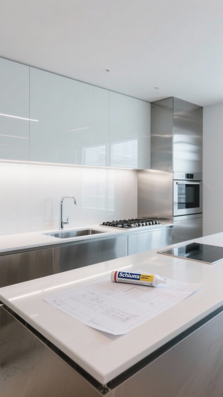 Wide shot of a sleek contemporary kitchen featuring large-format sheet materials: a seamless high-gloss white acrylic sheet along the sink wall, and a brushed stainless steel panel behind the range. Straight-on view with bright, reflective lighting that enlarges the space. Show paper templates on the island, a tube of construction adhesive, schluter trim finishing the edges, and discreet silicone seams. No visible grout lines, modern minimal mood.