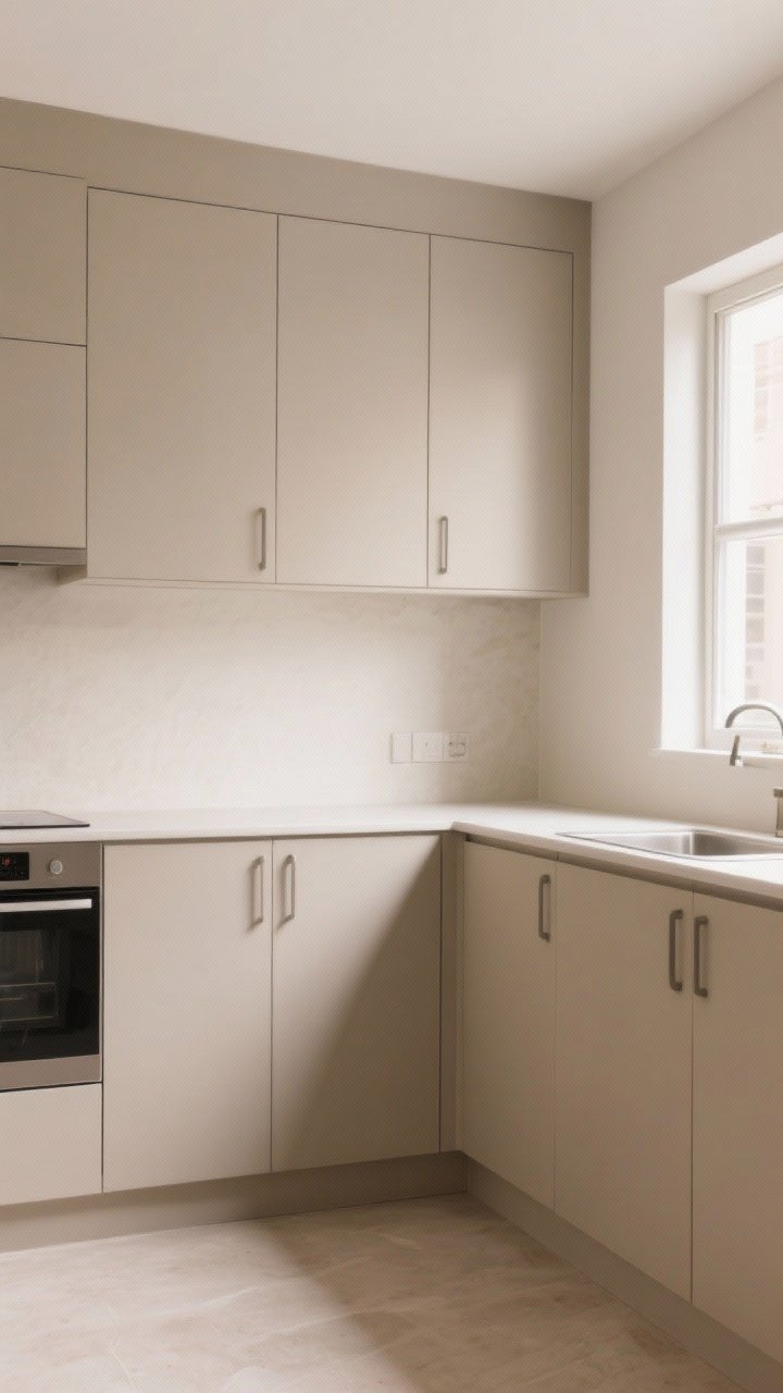 Wide shot of a small modern kitchen with tone-on-tone beige cabinetry matching soft oatmeal walls; warm greige cabinet fronts in low-sheen finish with integrated pulls, toe-kicks and end panels painted the same beige for a seamless, continuous plane; clean lines, minimal decor, natural daylight from a side window; straight-on view emphasizing uninterrupted vertical and horizontal runs and the room feeling wider and taller.