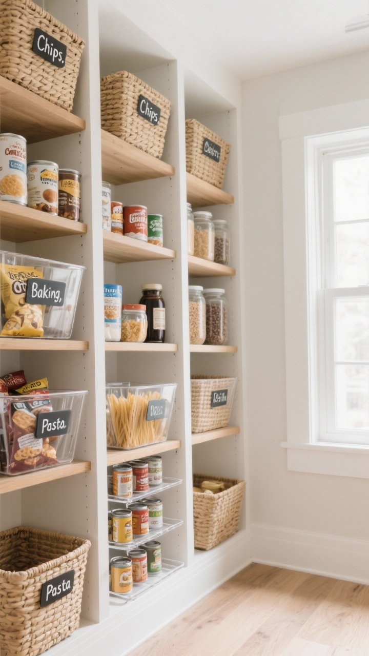Wide shot of a styled pantry that photographs beautifully: eye-level shelves hold everyday items like snacks, breakfast, and coffee; heavier canned goods and bulk jars live on the lower shelves; backup stock sits high. Matching baskets labeled “Chips,” “Baking,” “Pasta” using clear, consistent fonts; a mix of woven and acrylic bins for function and visibility; tiered can risers present cans with labels forward. Neutral color palette with wood, white, and clear textures; bright natural light, straight-on symmetry, crisp and photorealistic.