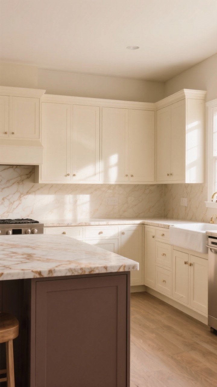 Wide shot of a tonal beige kitchen with soft cream shaker cabinets, lighter oatmeal walls that bounce natural morning light, and a deeper taupe island for subtle contrast; warm-veined quartz countertops, consistent warm undertones throughout, calm and elegant mood; straight-on perspective showing full cabinetry run and island; no people, photorealistic.