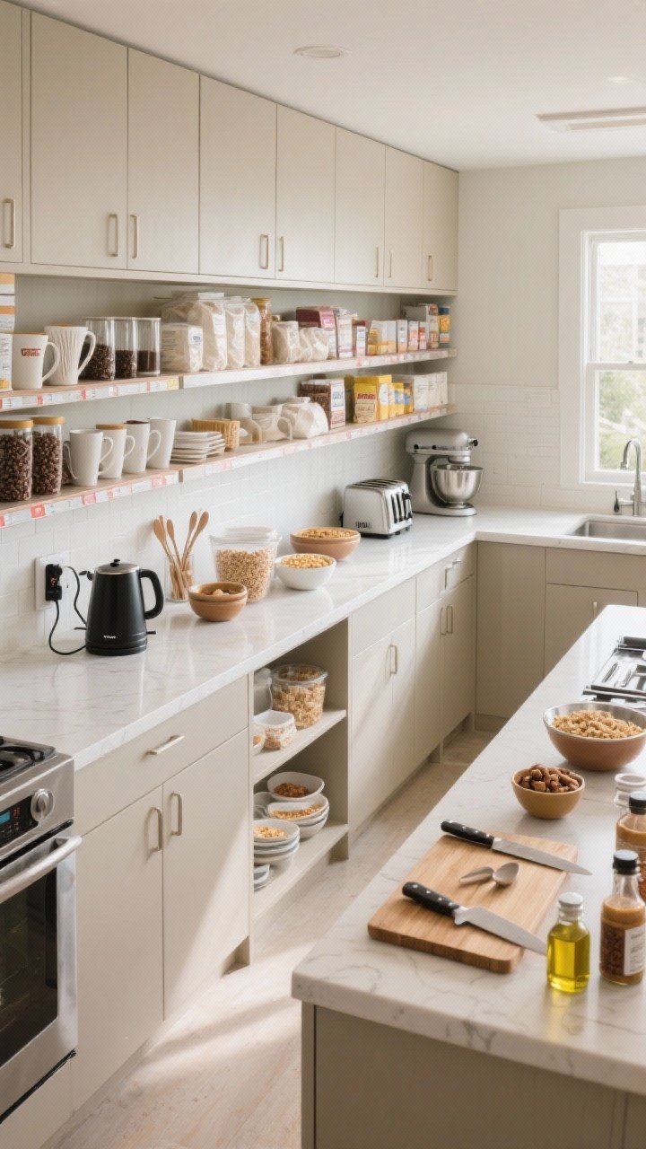 Wide shot of a zoned kitchen like a grocery store: left side shows a dedicated coffee/tea zone with mugs, filters, beans, sweeteners, and an electric kettle under one outlet; center features a breakfast zone with toaster, cereals, bowls, spoons, nut butter; right shows a prep zone with cutting boards, knives, mixing bowls, oils and frequently used spices near the main counter; back corner has a baking zone with flour, sugars, baking powder and measuring cups near a stand mixer; bright natural light, neutral cabinetry, orderly groupings by task