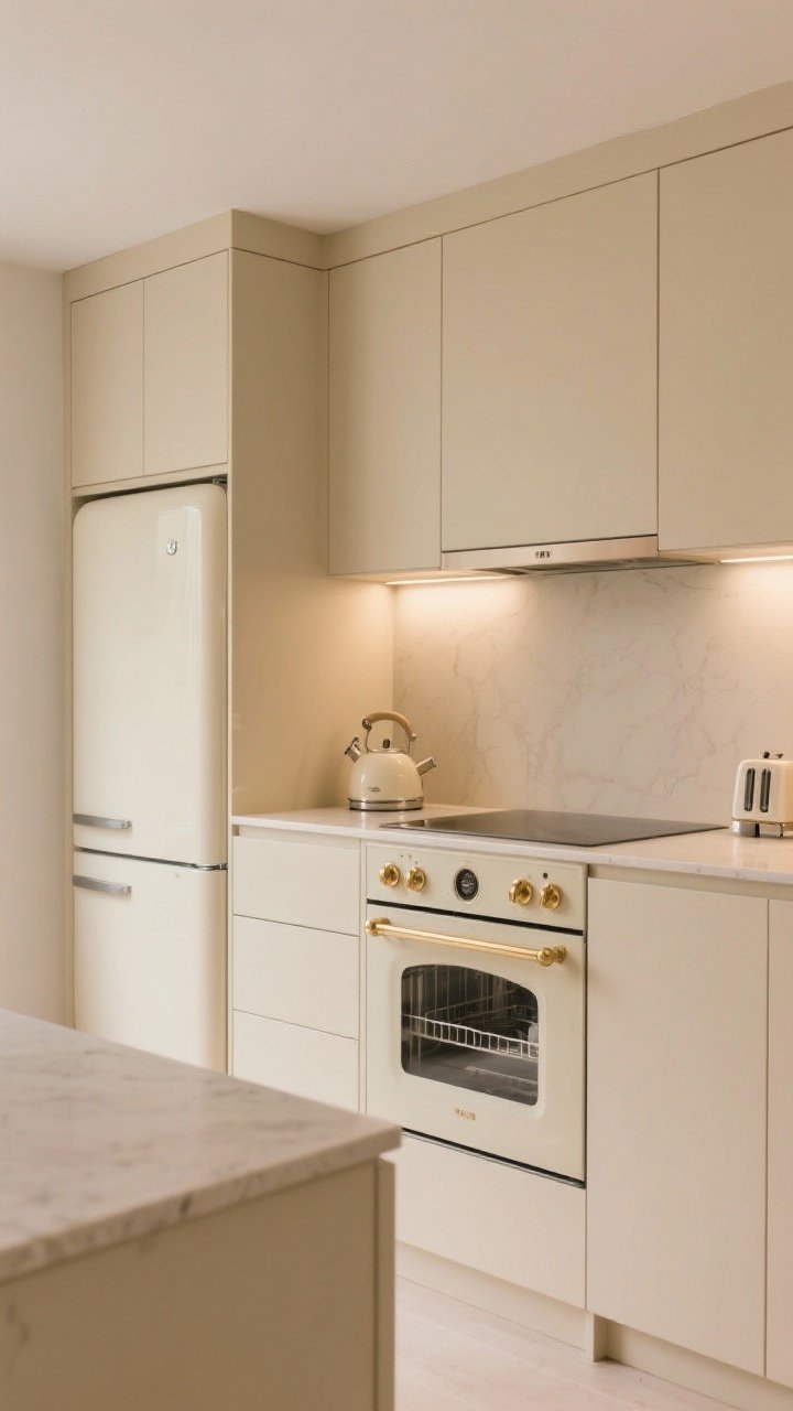 Wide shot of an integrated beige kitchen: panel-ready dishwasher and fridge perfectly matched to beige cabinetry for a continuous, calm look; a cream range with brass accents and coordinating hood; countertop cohesion with a matte beige kettle and toaster; minimal visual breaks make the space feel larger; warm ambient lighting, straight-on view