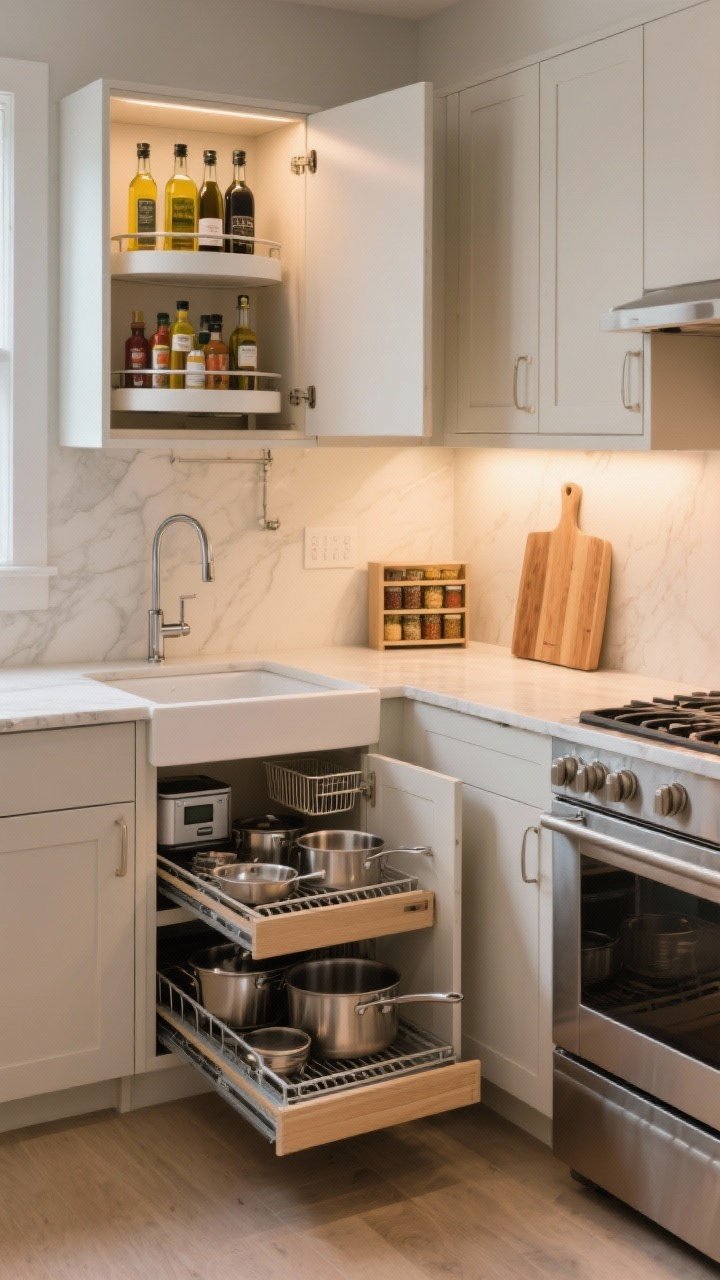 Wide shot of base and corner cabinets with access solutions: a corner cabinet open to show a two-tier lazy Susan stocked with oils, vinegars, and condiments; base cabinet with full-extension pull-out trays holding pots, pans, and a compact appliance; under-sink area with sliding baskets that work around plumbing. Include a slim pull-out spice rack next to the stove slightly open, and a hidden cutting board drawer ajar. Warm ambient lighting, clean lines, functional luxury.
